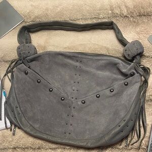 Queen Latisha Gray Suede Shoulder Bag with Stud Accents